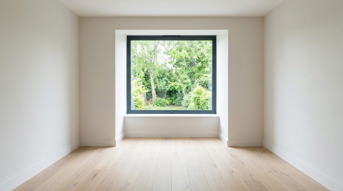A bright bedroom after fitting a slim framed dark aluminum window in a rebuilt reveal