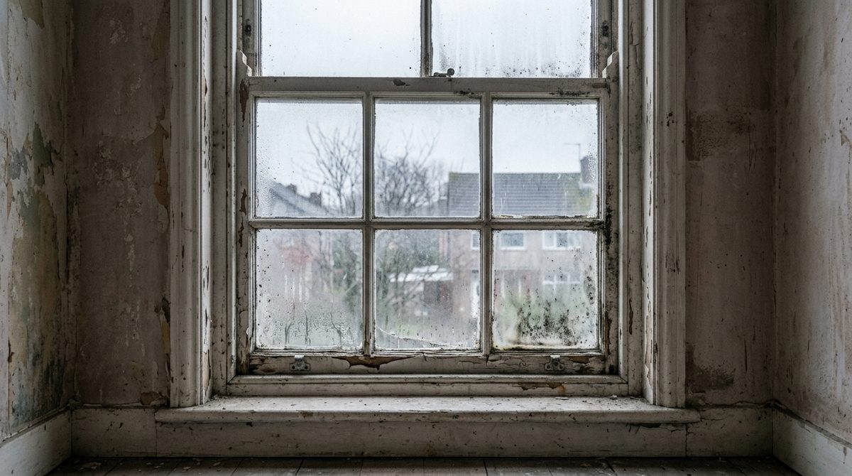 Old single glazed timber window with flaking paint and condensation before replacement
