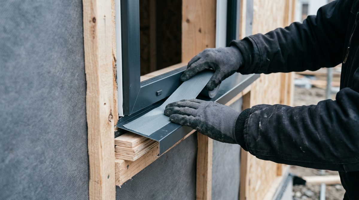 Gloved hands pressing flashing tape along the sill of a newly set aluminum frame