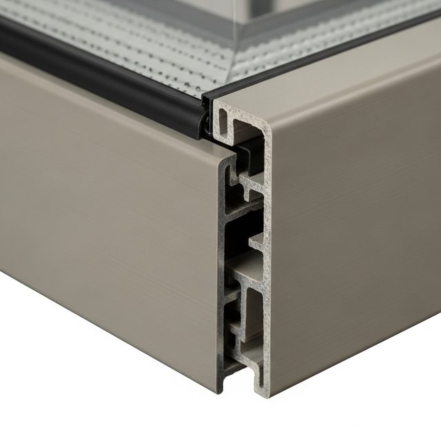 Corner of a matte gray fiberglass composite window frame with a welded miter