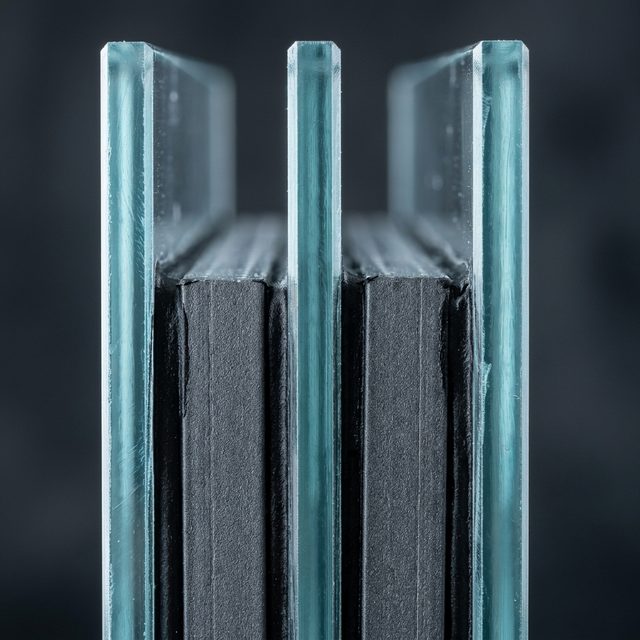 Edge of a triple glazed sealed unit showing two cavities and warm-edge spacer bars