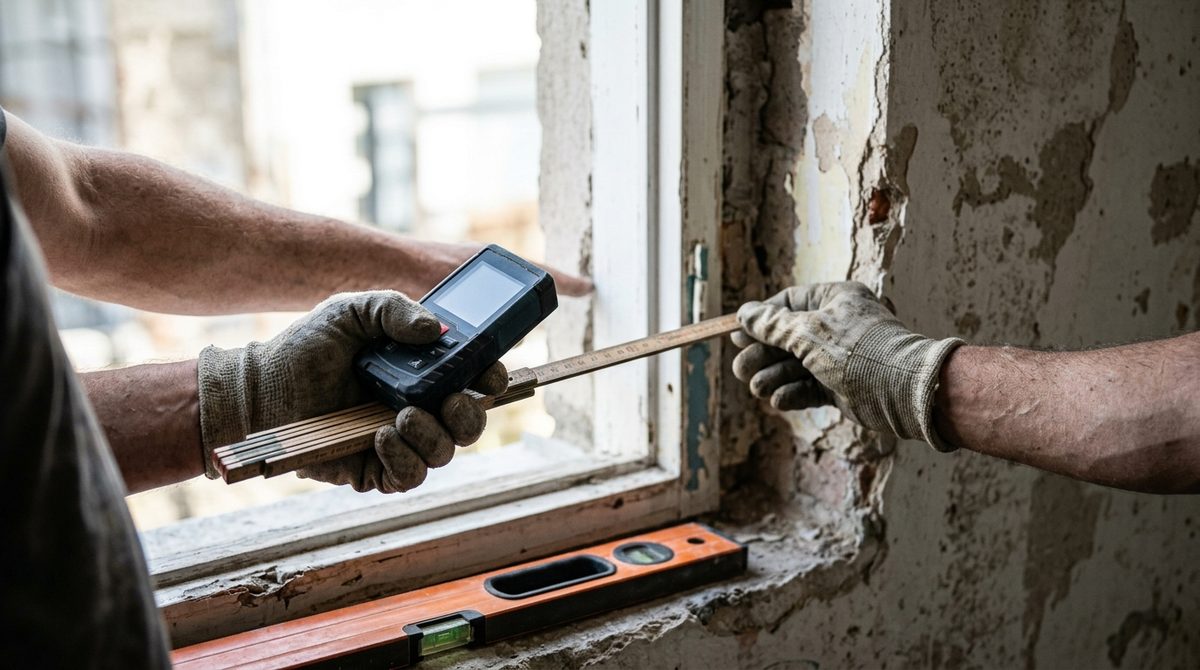 Installer's hands laser measuring a stripped window opening with a level on the sill