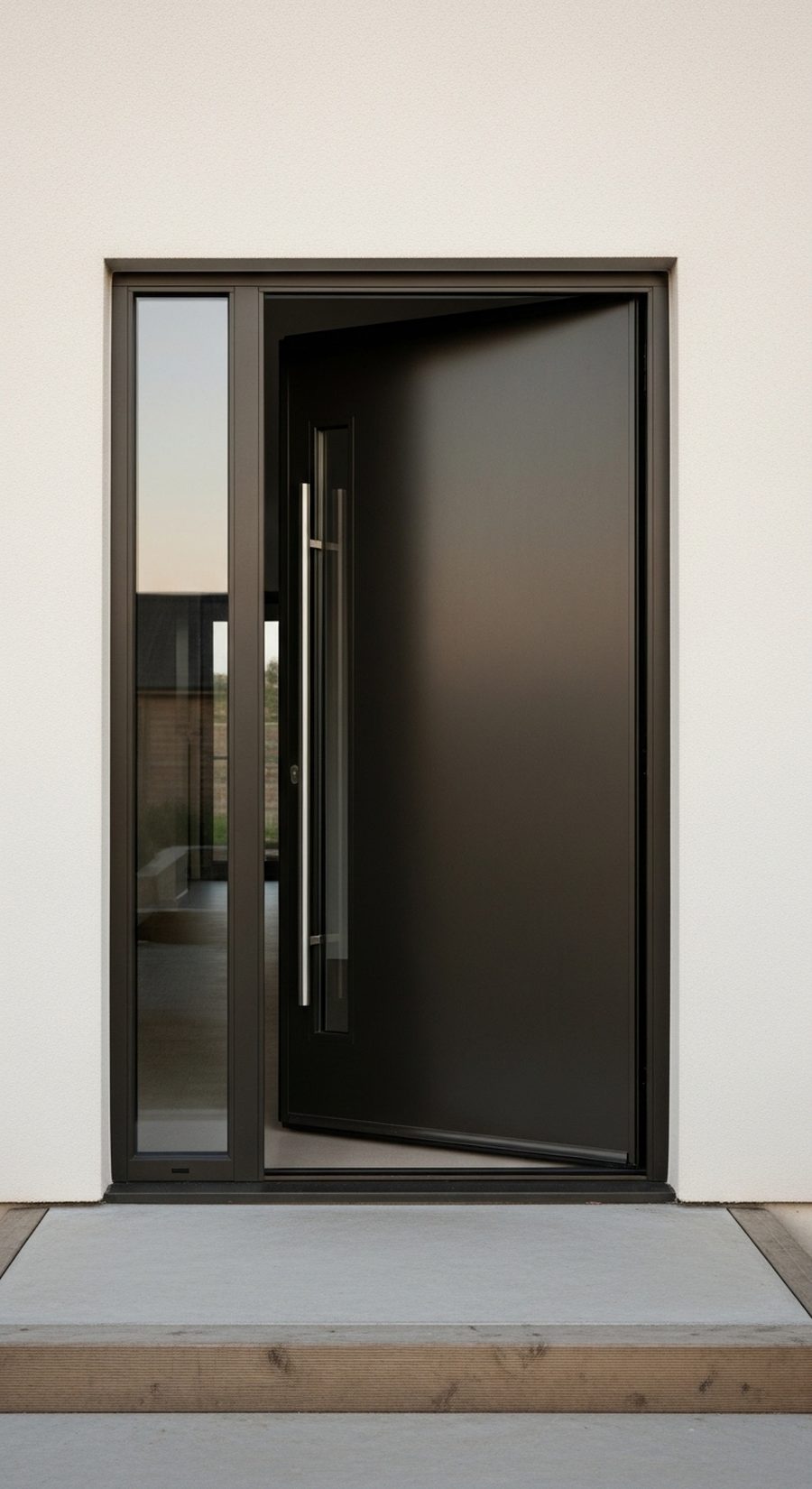 Oversized bronze pivot entry door turned open on a concealed floor pivot