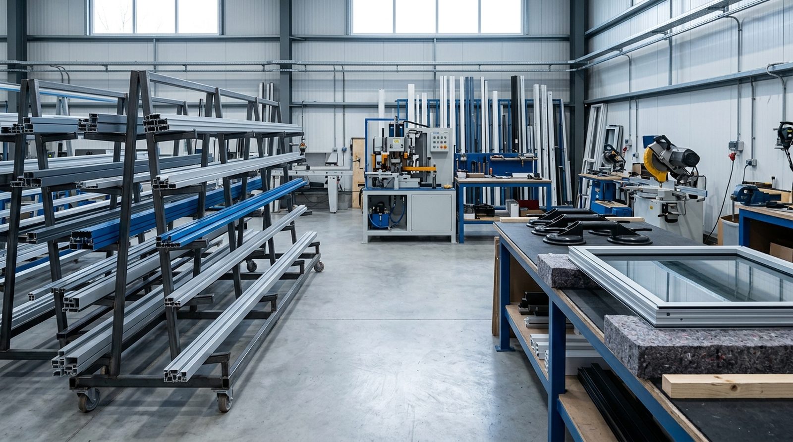 Window fabrication shop with racked aluminum profiles and a glazing bench