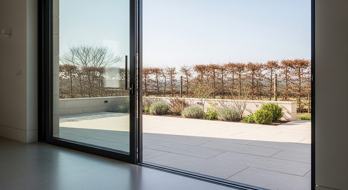 Wide sliding glass door half open onto a stone terrace with a flush floor track