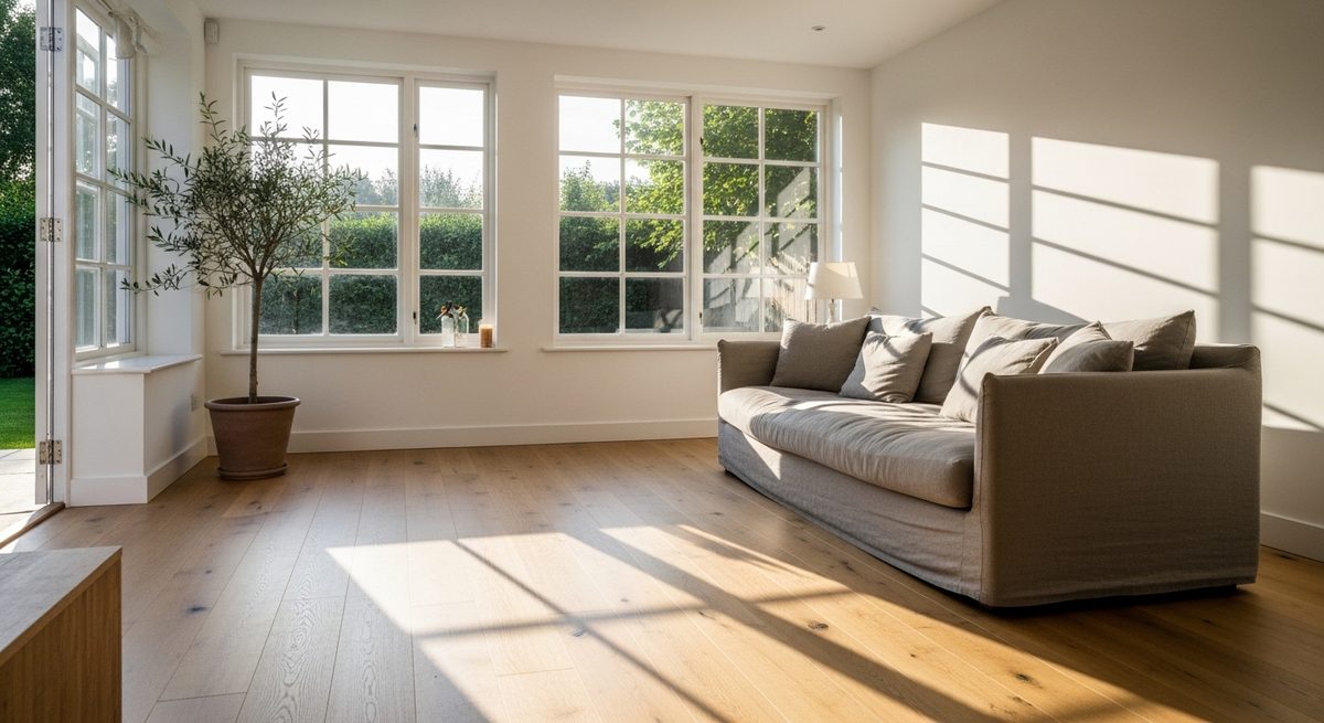 Sunlight flooding through large clean windows onto a pale oak floor