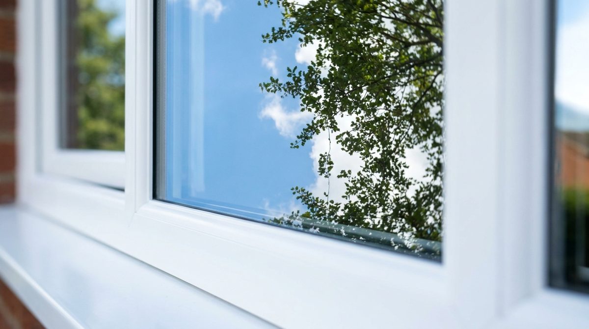 The same style of pane cleaned, reflecting blue sky and a green tree