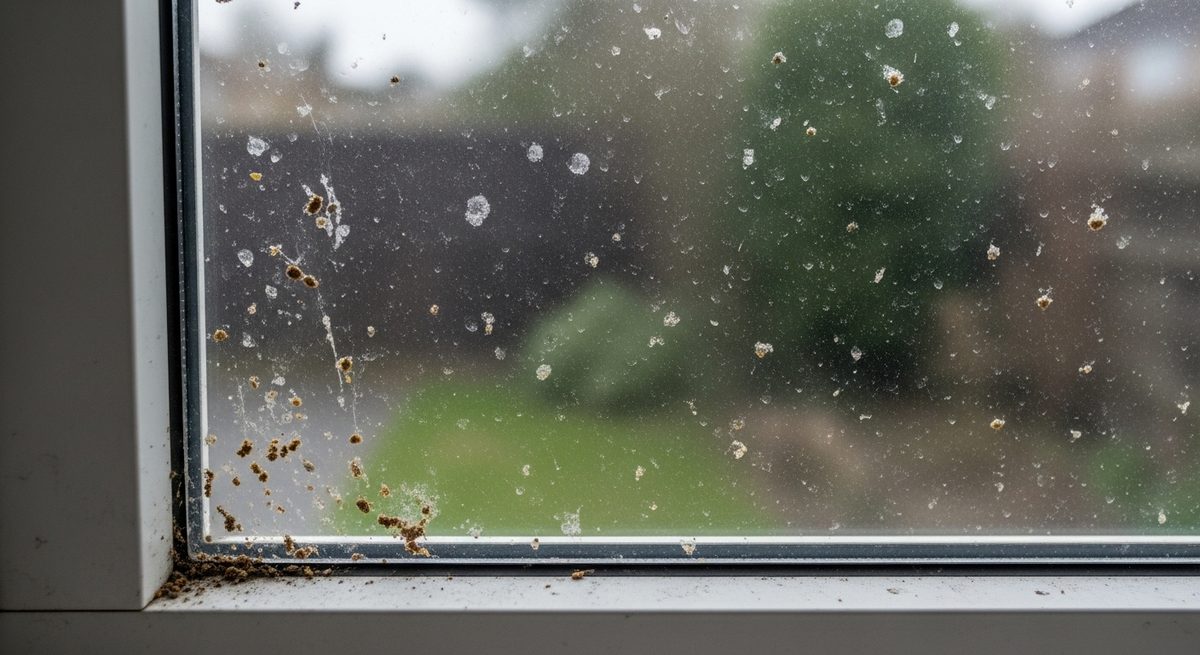 Window pane covered in dust, pollen streaks, and dried water spots