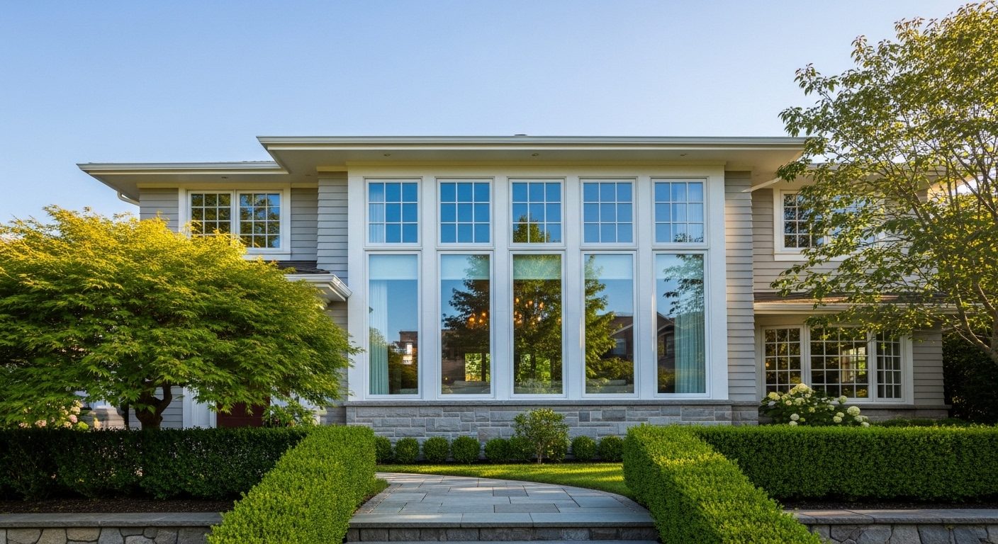 Front of a two story house on a bright morning with a wide bank of spotless windows reflecting the sky