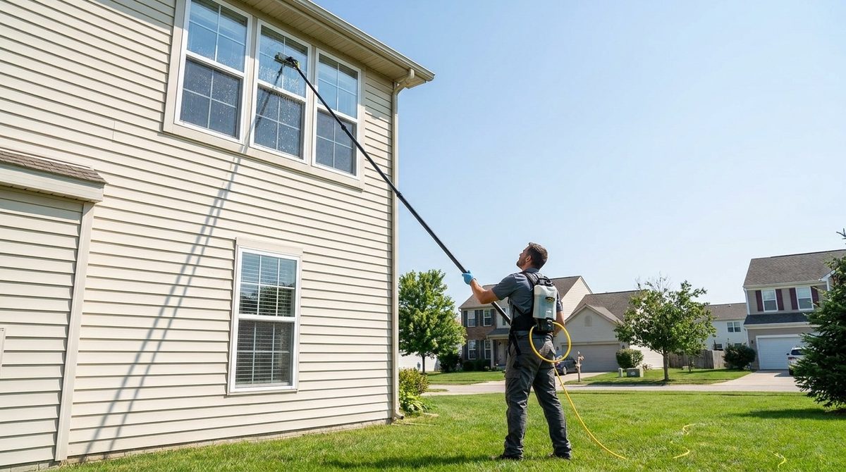 Window cleaner reaching second-story windows from the ground with a carbon water-fed pole