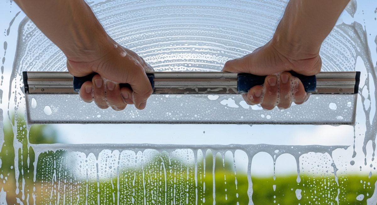 Hands drawing a squeegee down a soapy pane, leaving one clear stripe