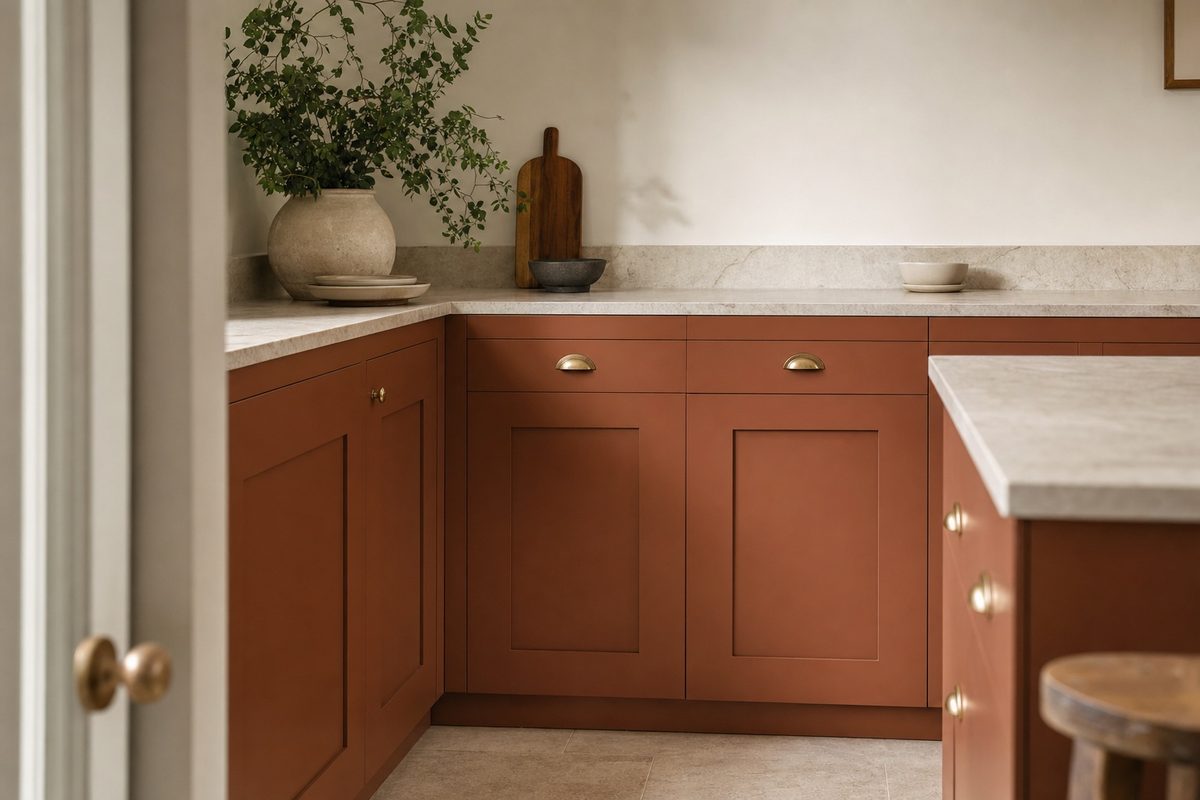 Kitchen cabinets refinished in a deep clay satin with brass cup pulls