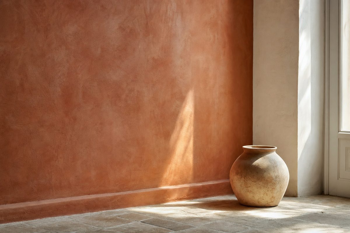 Limewash wall in a warm clay pigment with soft cloudy movement