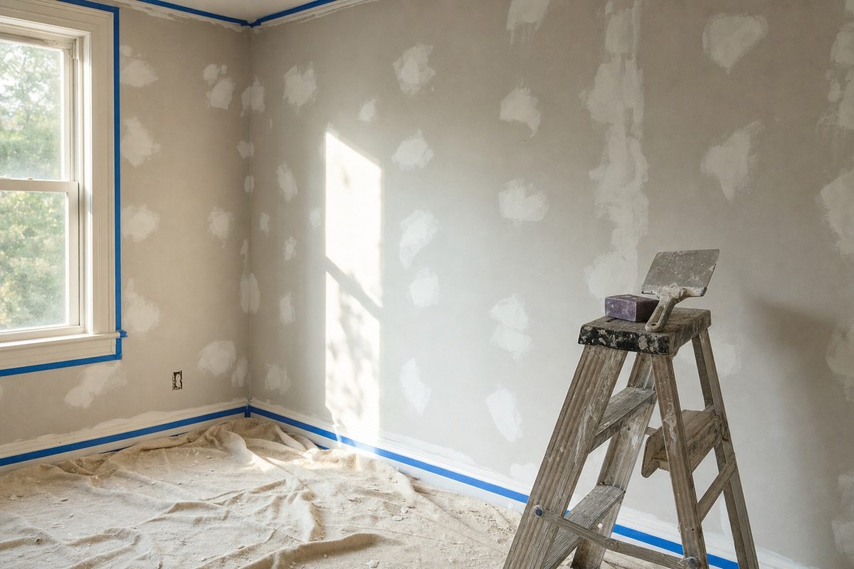Room mid preparation with filled and sanded walls, masked trim and canvas drop cloths