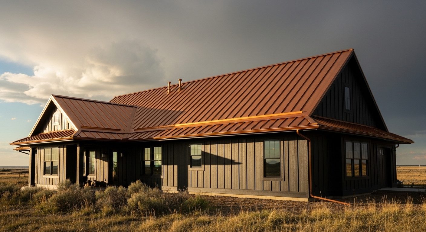Prairie house with a new standing seam copper roof under a breaking storm sky