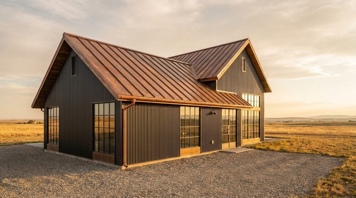 Modern barn style building with a tall weathered copper standing seam roof