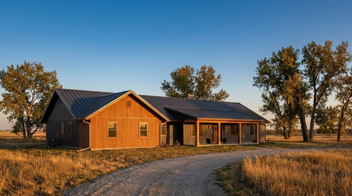 Low ranch house with a charcoal standing seam metal roof and cedar toned siding
