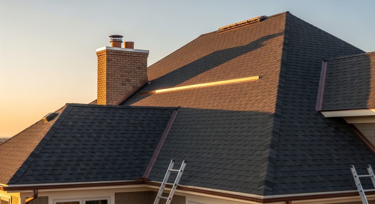Completed charcoal architectural shingle roof with a ridge vent and new chimney flashing