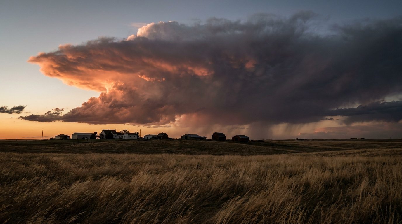 A hail storm front sweeping across high plains farmland at dusk