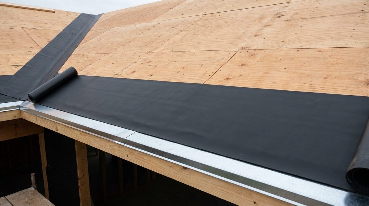 Stripped roof deck with ice and water shield along the eave and synthetic underlayment above it