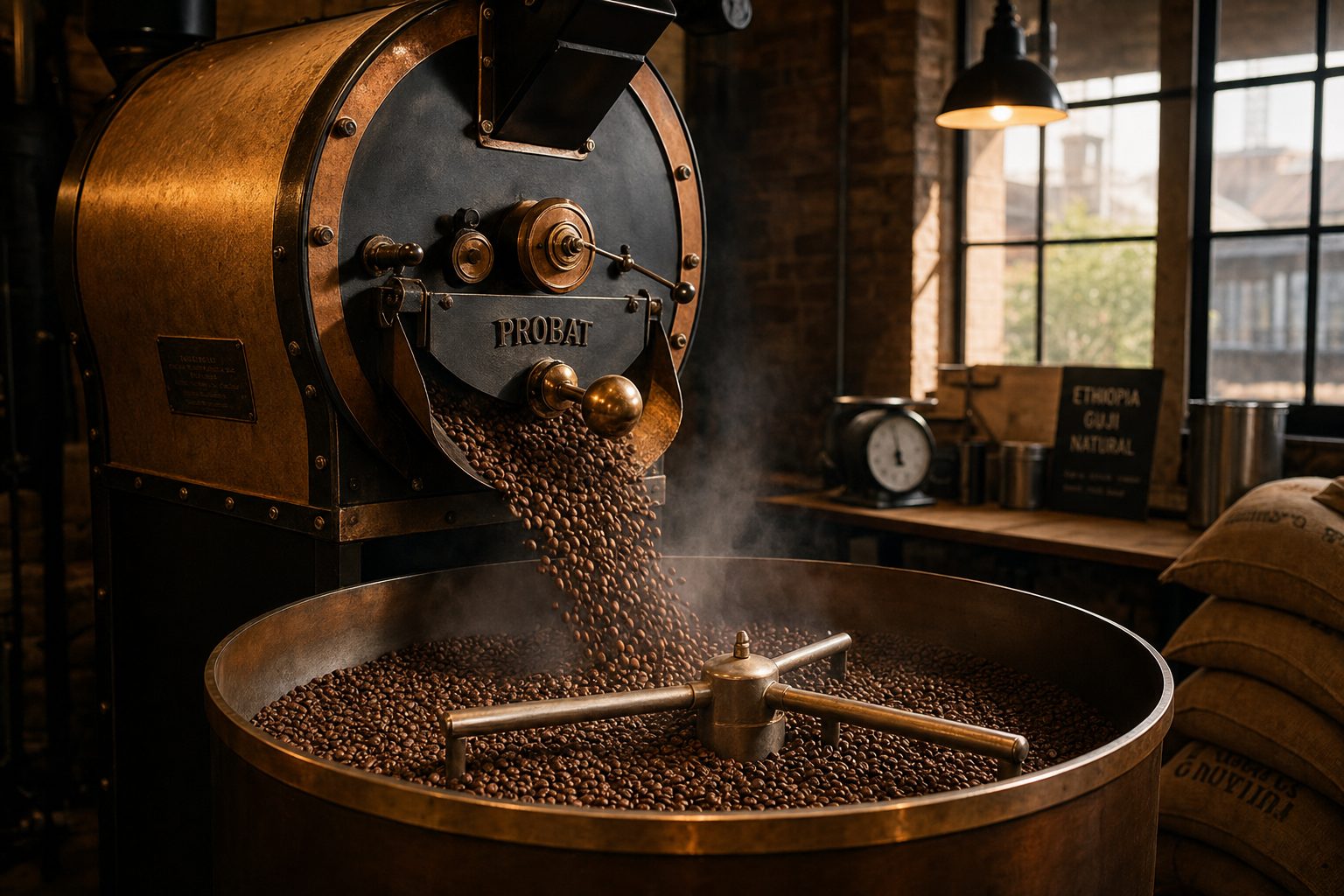 Copper roasting drum with fresh beans cascading into the cooling tray