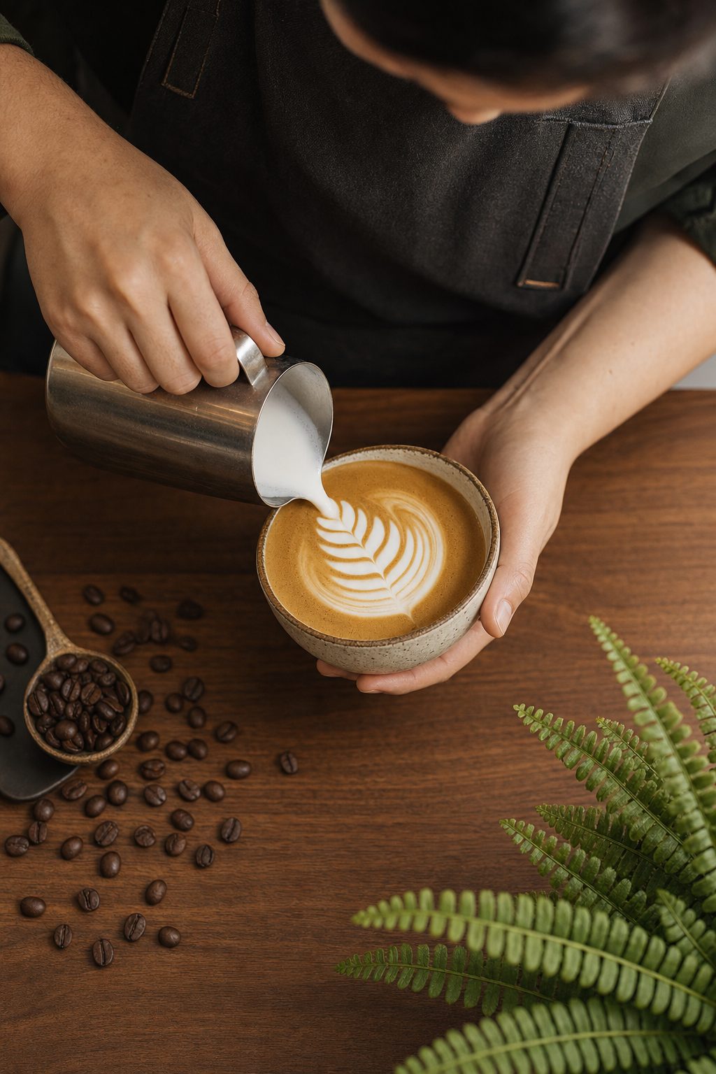 Latte art poured into a ceramic cup on a walnut counter