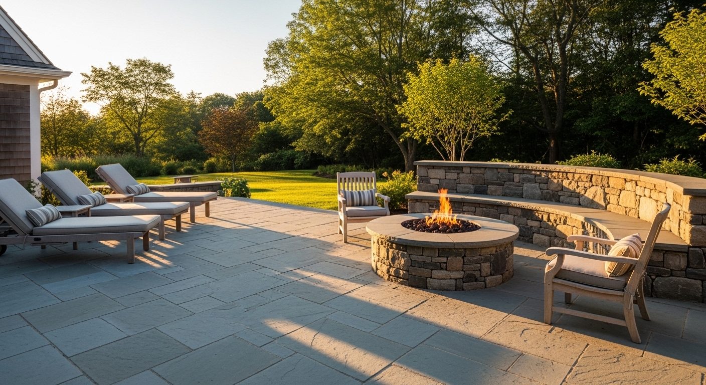 Bluestone terrace with a curved stone seat wall and a lit fire pit at golden hour
