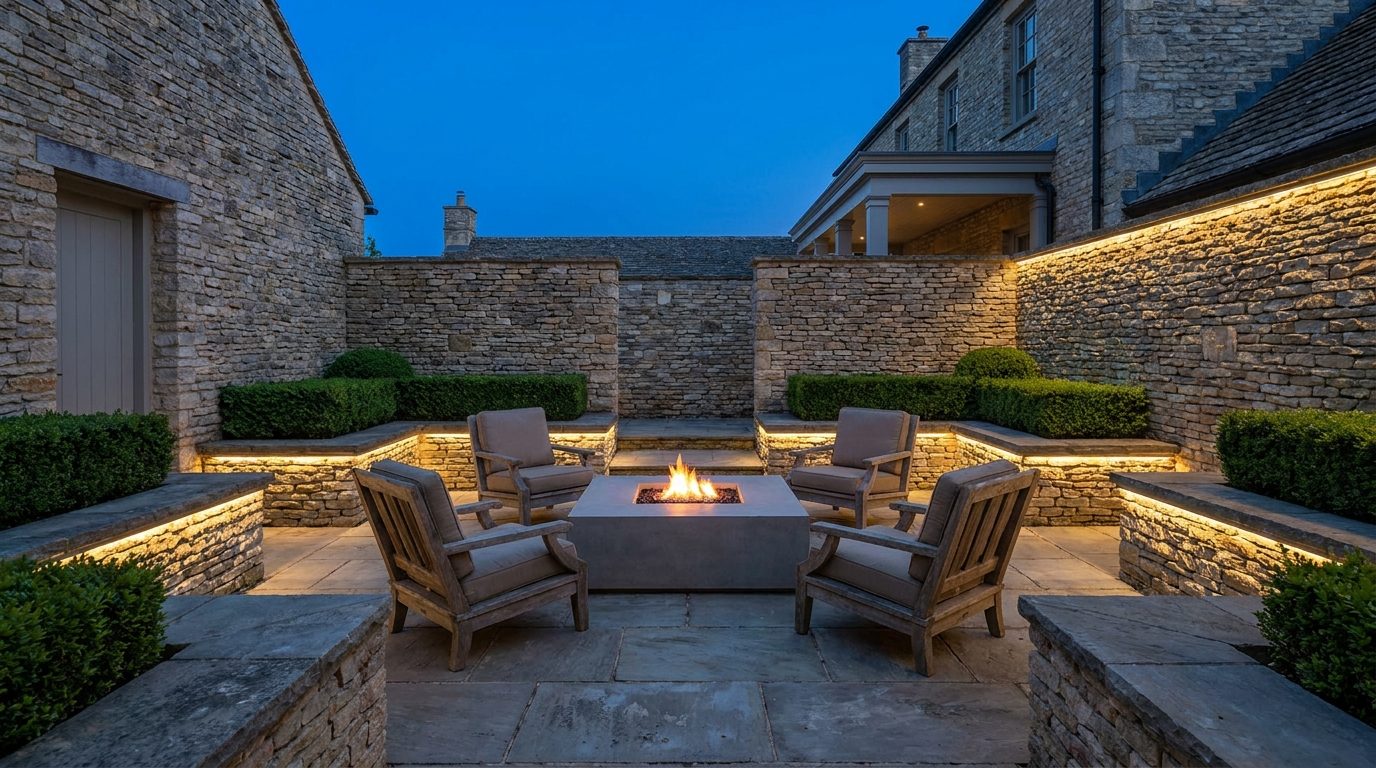 Walled stone courtyard at blue hour with a fire table and lit wall faces