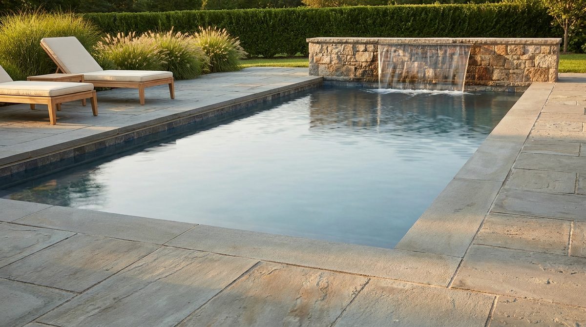 Pool surround in bluestone with a raised stone spillway wall
