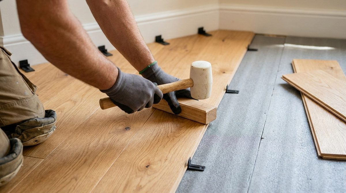 A fitter tapping an oak board home with a tapping block and mallet, half the room laid