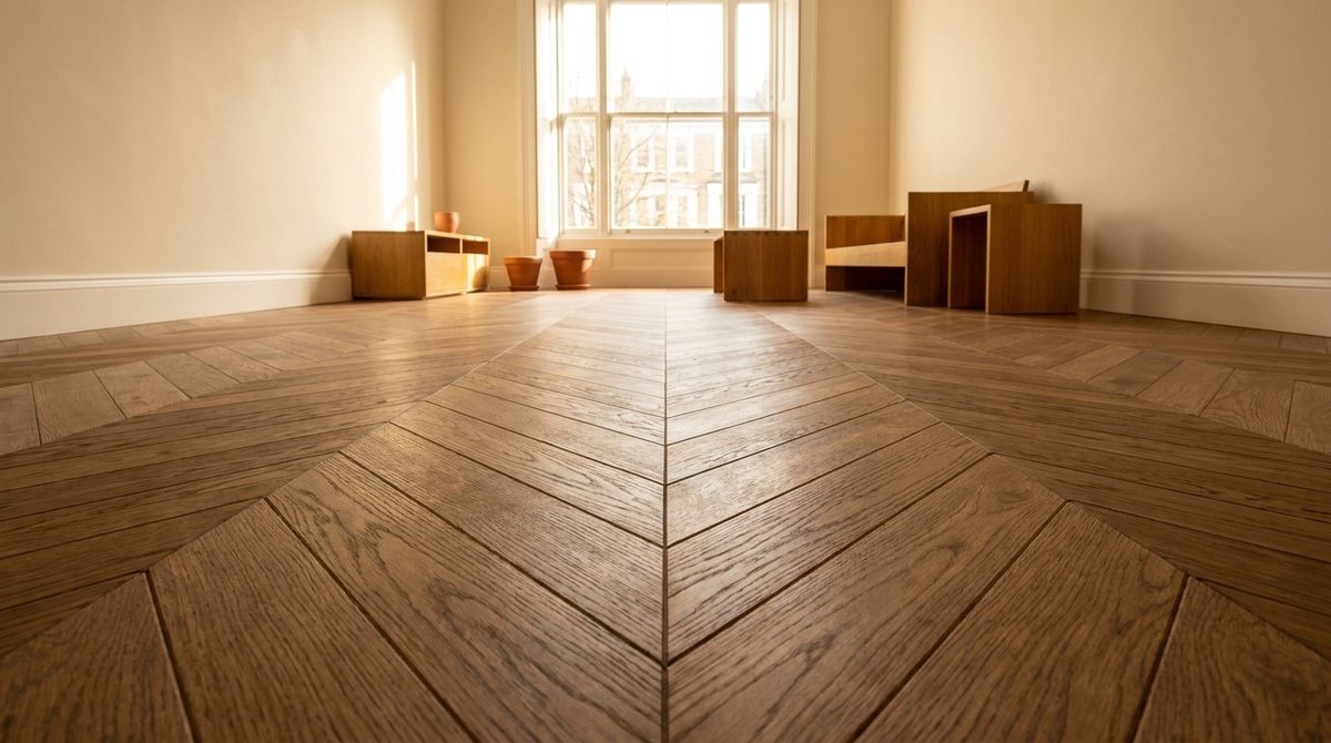 Living room floor laid in a chevron pattern with a continuous point line