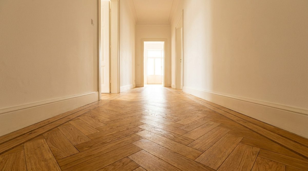 Hallway floor laid in oak herringbone parquet with a border block