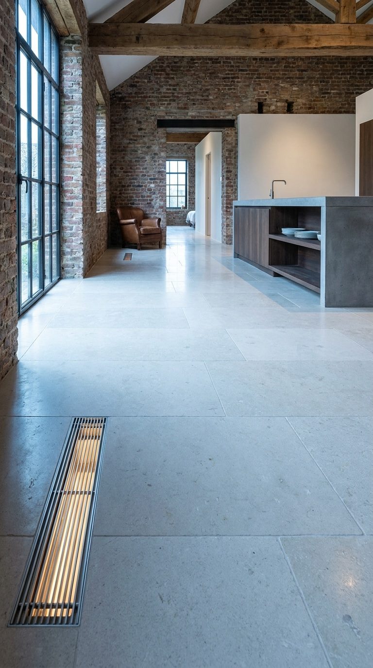 Honed limestone tile floor running from an open kitchen into a hall in a mill conversion