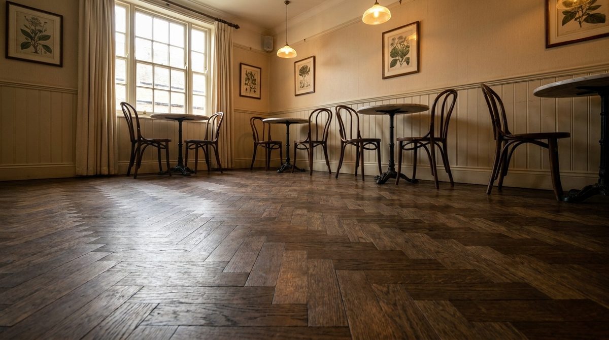 Tea room floored in dark walnut herringbone parquet between marble tables