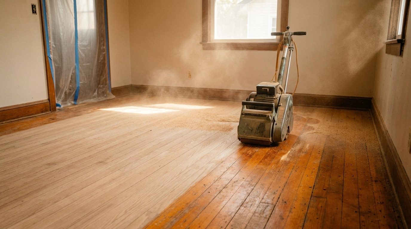 Old timber floor part sanded back to raw wood against remaining dark varnish