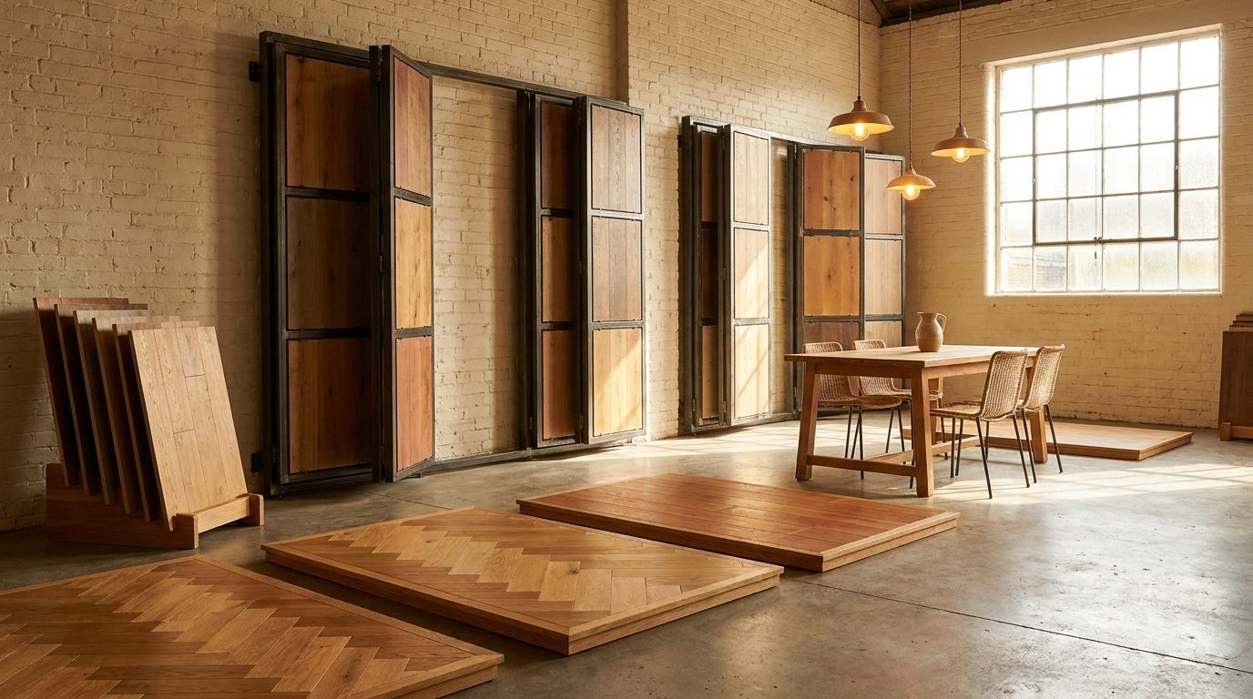 Flooring showroom with sample panels along the wall and walk on floor decks