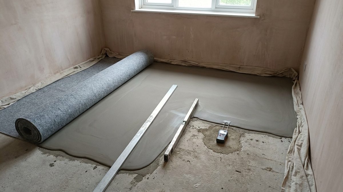 Levelling screed and acoustic underlayment part laid in an empty room with a straight edge and level