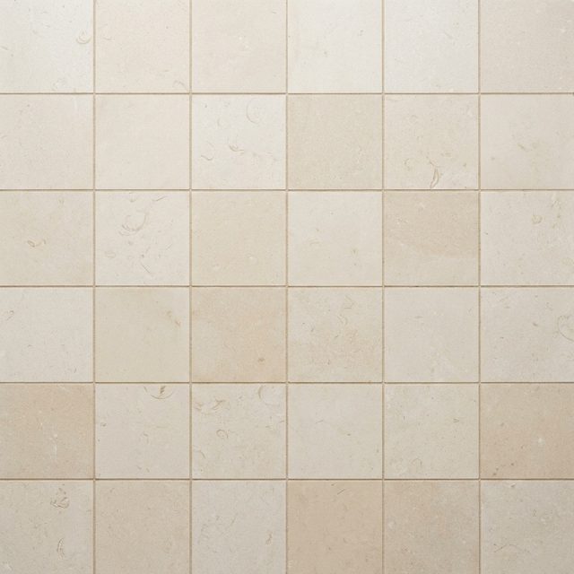 Honed limestone floor tiles with fine grout joints, seen from directly above