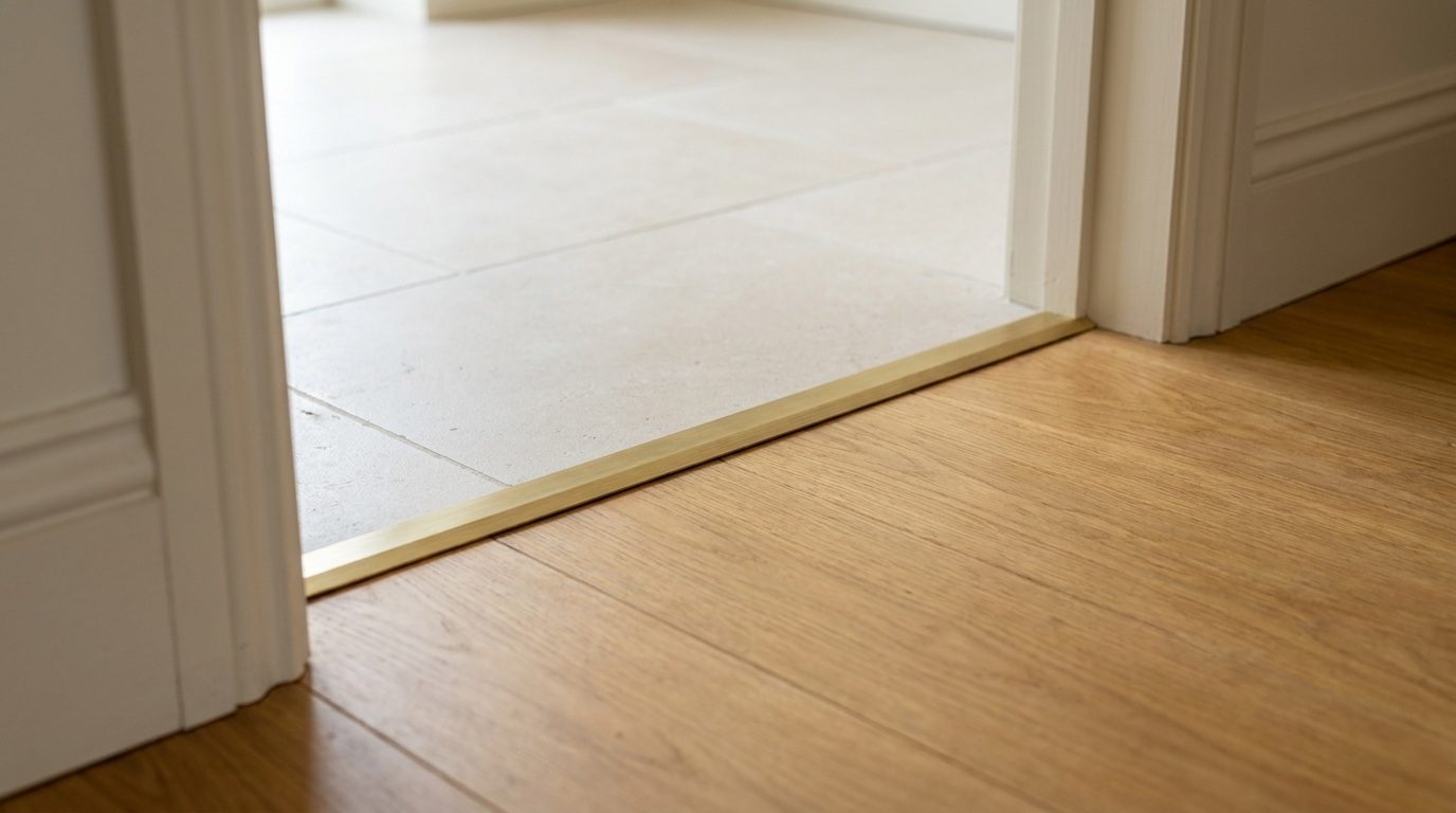 Doorway detail where oak boards meet limestone tiles with a flush brass threshold strip