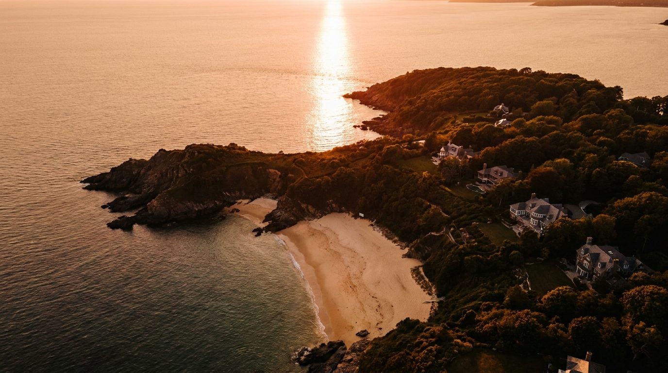 An aerial view of a curving coastline at golden hour with houses among the headland trees