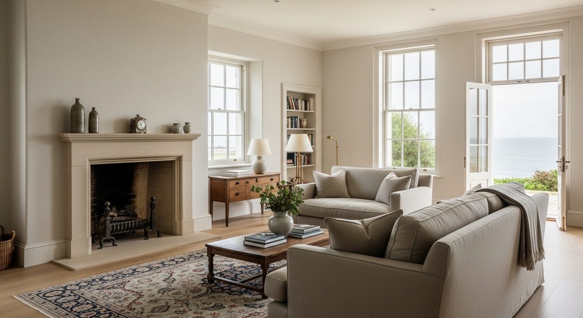 A drawing room with a limestone fireplace and open doors to a terrace above the sea