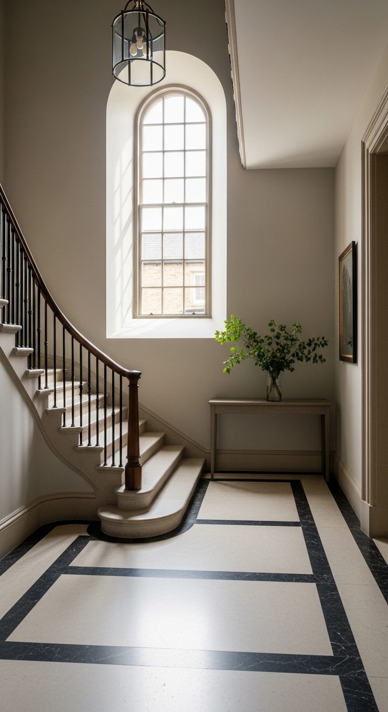 A stone staircase and iron balustrade in a period entrance hall lit by a tall window