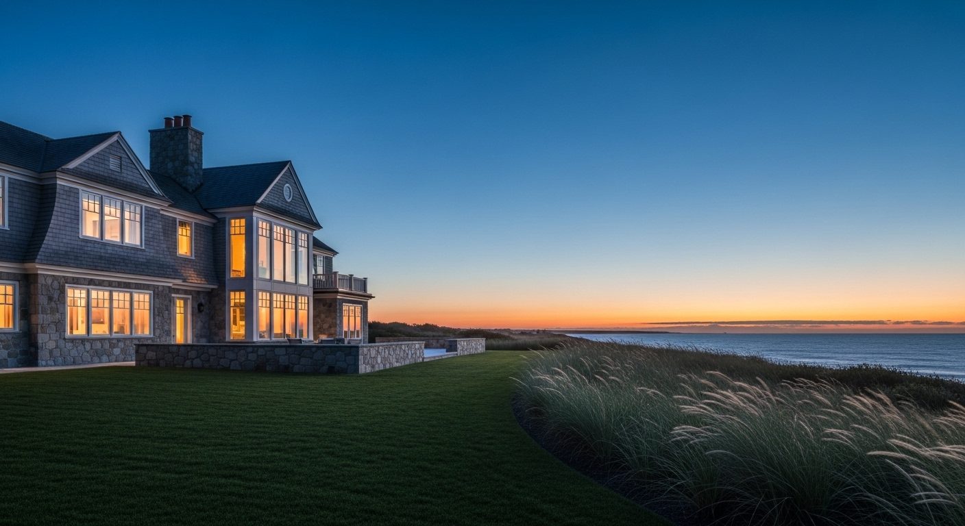 A stone and shingle coastal estate house lit from within at dusk above the ocean