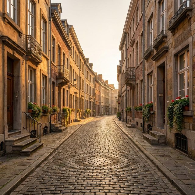 A narrow cobbled street of restored stone and brick townhouses in early light
