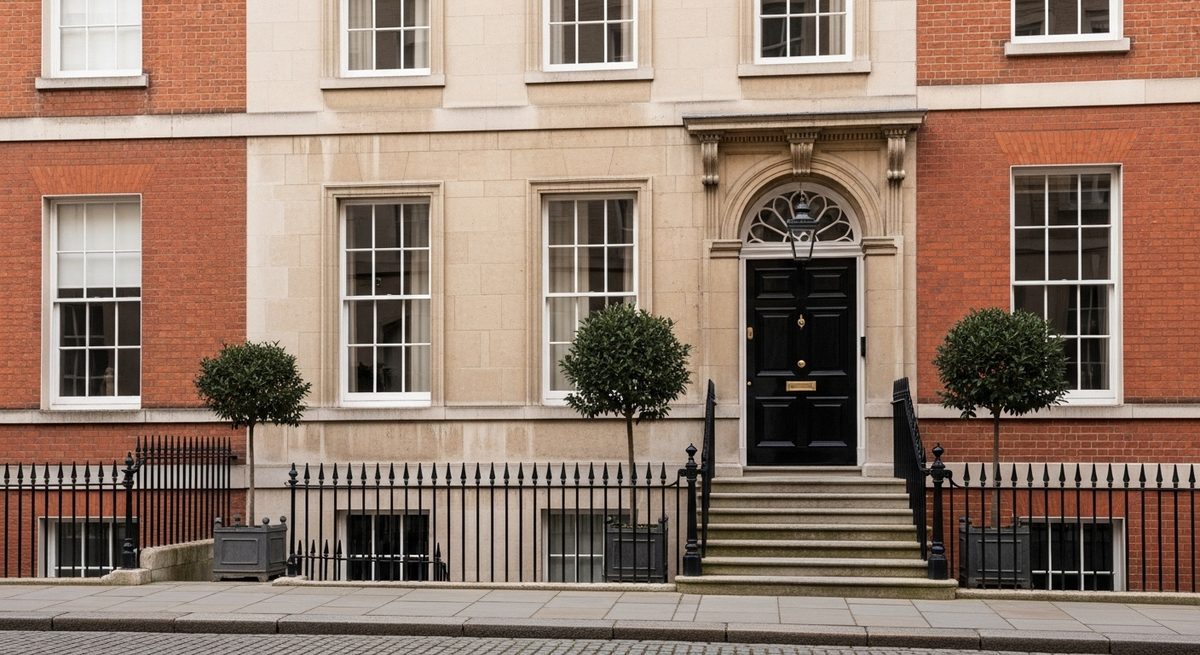A limestone and brick townhouse facade with iron railings on a cobbled street