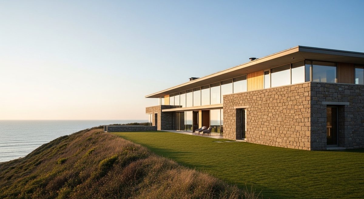 A stone and glass cliff top residence above the ocean at late afternoon