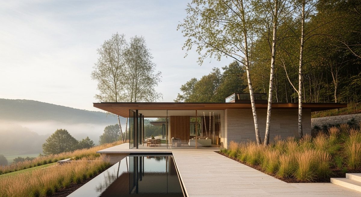 A low glass and travertine pavilion house with a reflecting pool on a wooded hillside