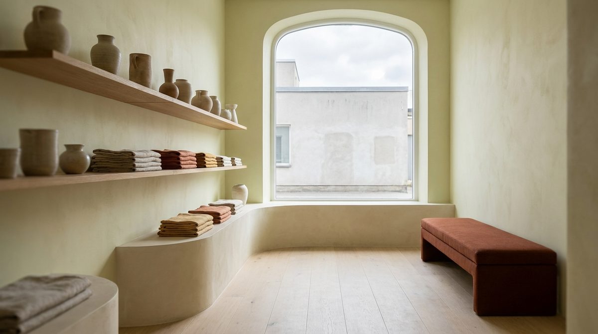 Small Scandinavian retail interior with plaster plinths and oak shelving