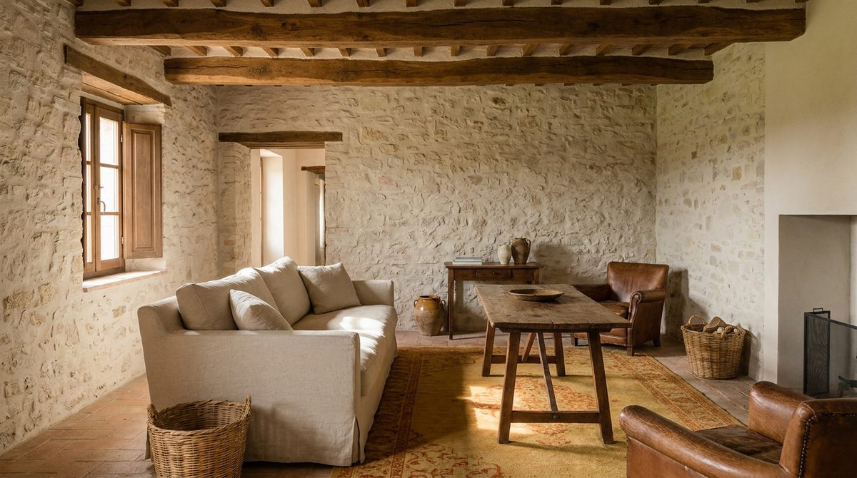 Restored Umbrian farmhouse living room with beams and terracotta floors