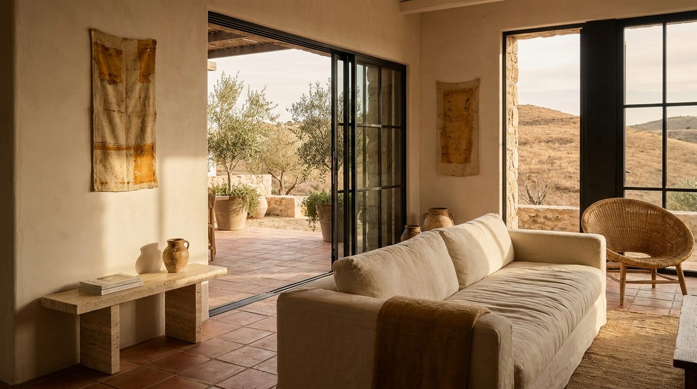 Indoor outdoor living space with plastered walls opening to an olive courtyard